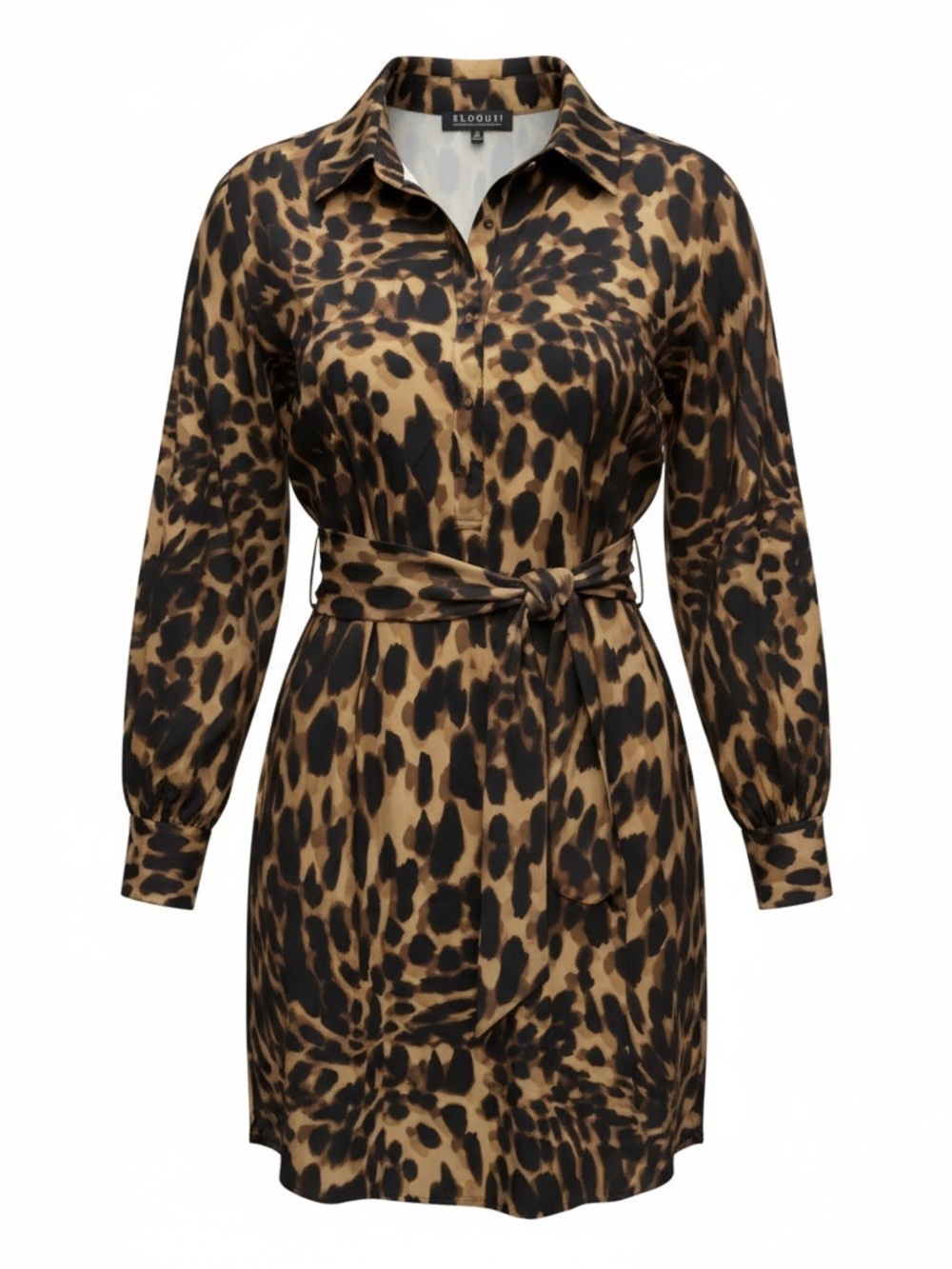 Eloquii Tan and Black Leopard Print Tie-Waist Shirt Dress